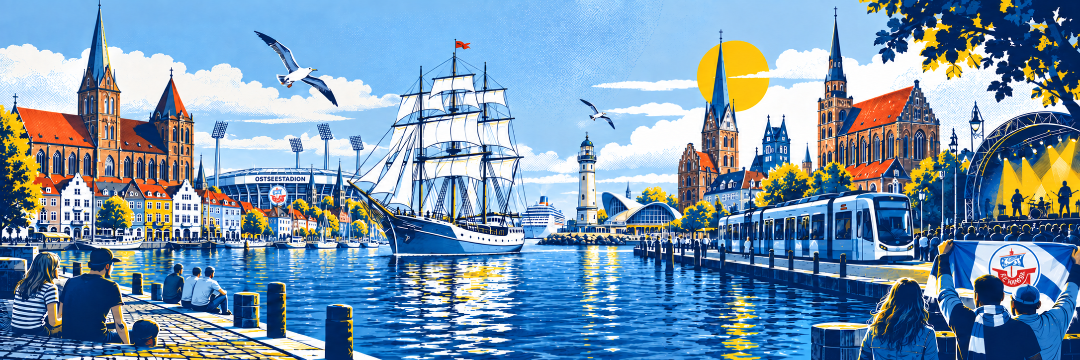 Detail of the Rostock comic illustration with the Ostseestadion, a sailing ship and the Warnemünde lighthouse