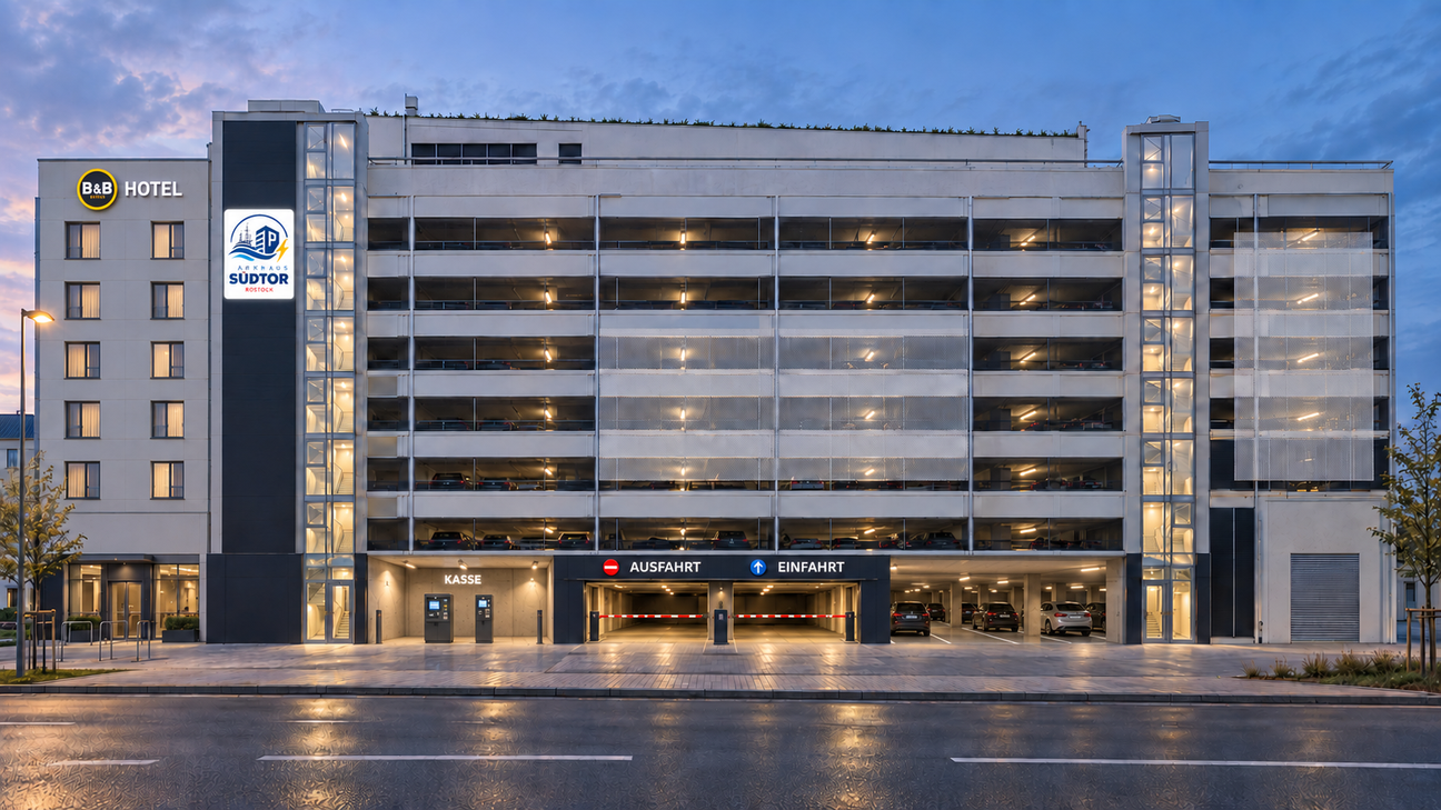 Architectural visualisation of the Südtor car park with the neighbouring B&B Hotel, the open pay station area on the left, exit and entrance side by side and parking spaces on the right