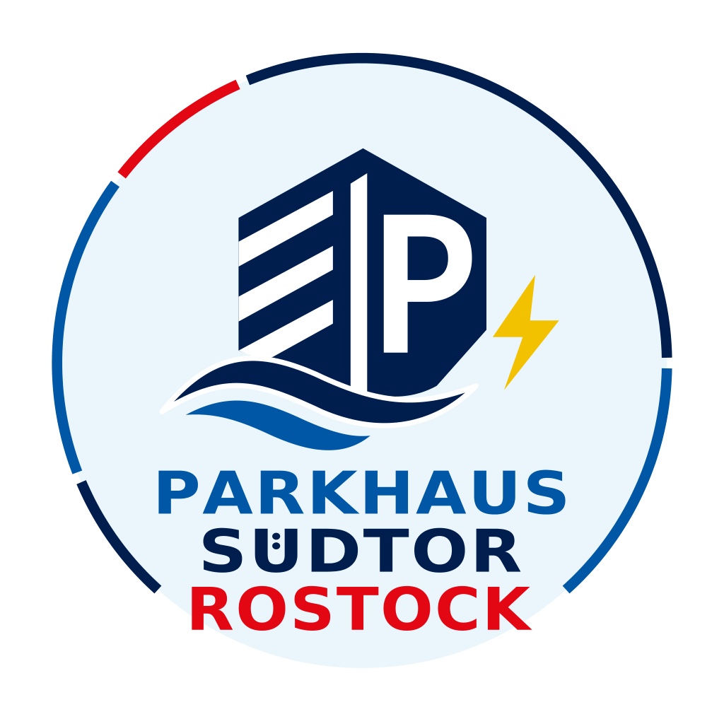 Südtor car park Rostock – logo with tall ship, car park, wave and charging bolt
